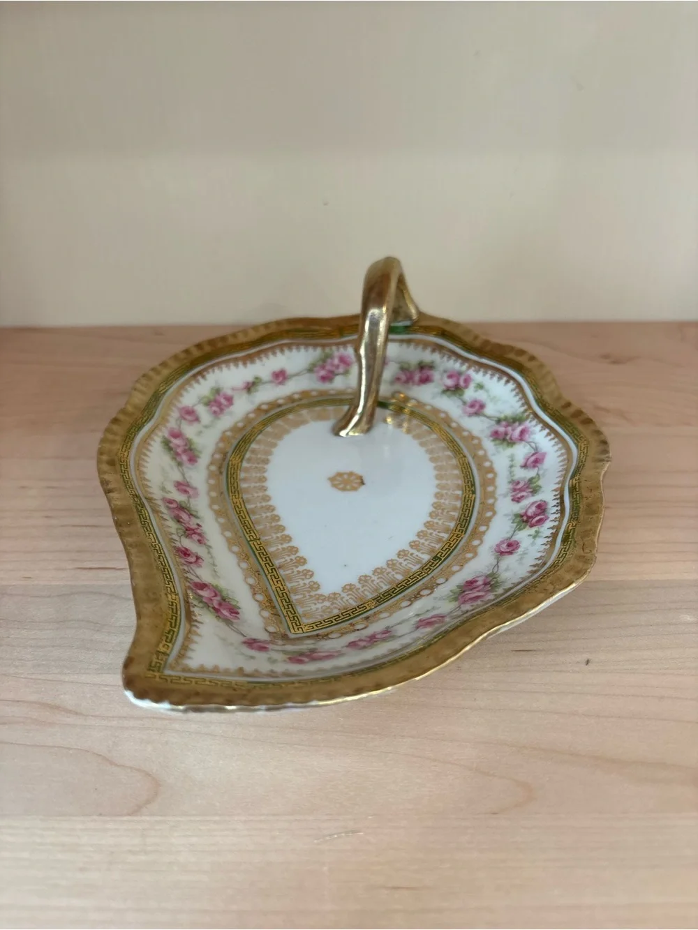 Antique Heinrich & Co Bavarian Porcelain Leaf Dish Gold Gilt Rose Trinket Tray